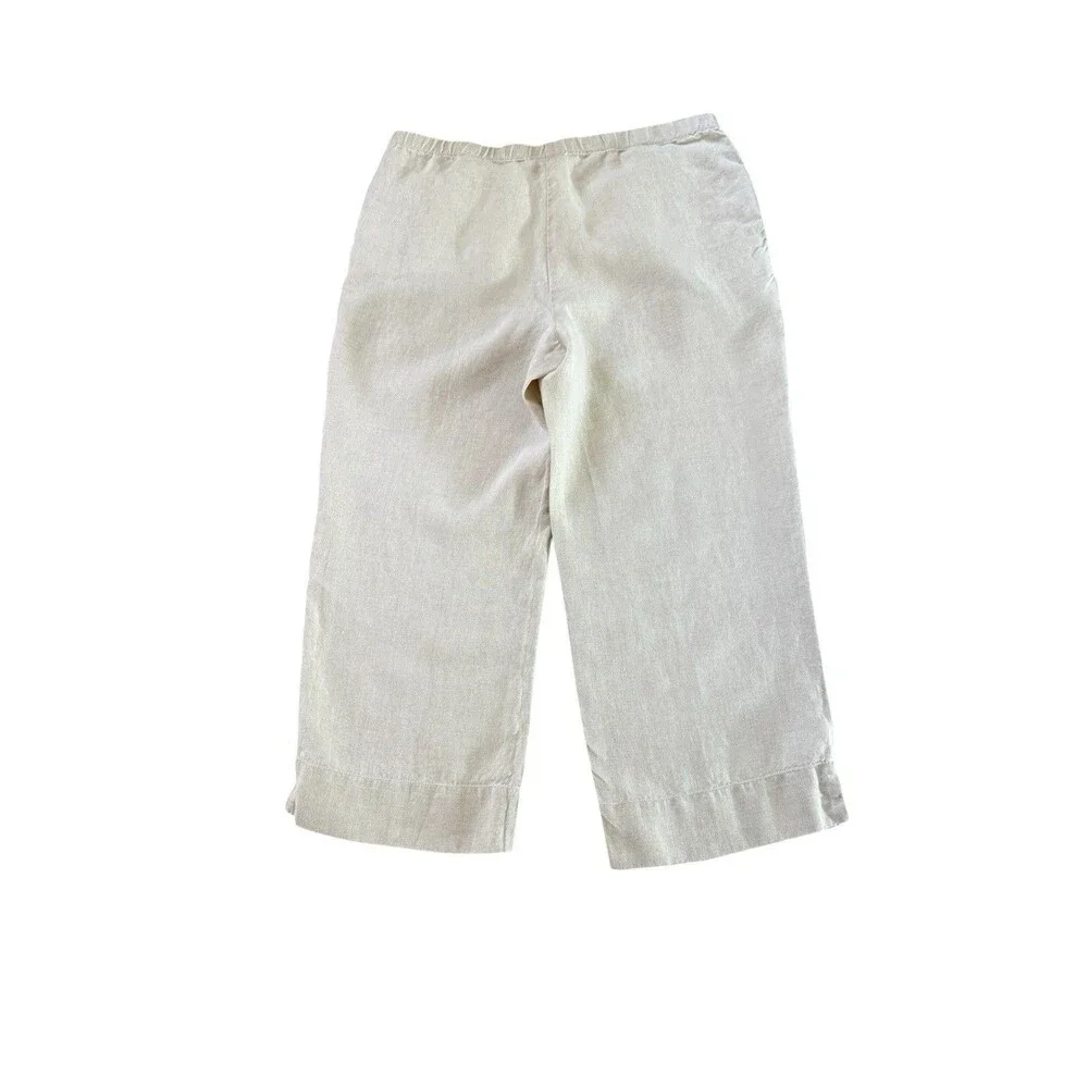 J Jill Pants SZ Medium Sand Dune All Linen Pull On Elastic Waist Wide Leg Casual - Picture 2 of 8